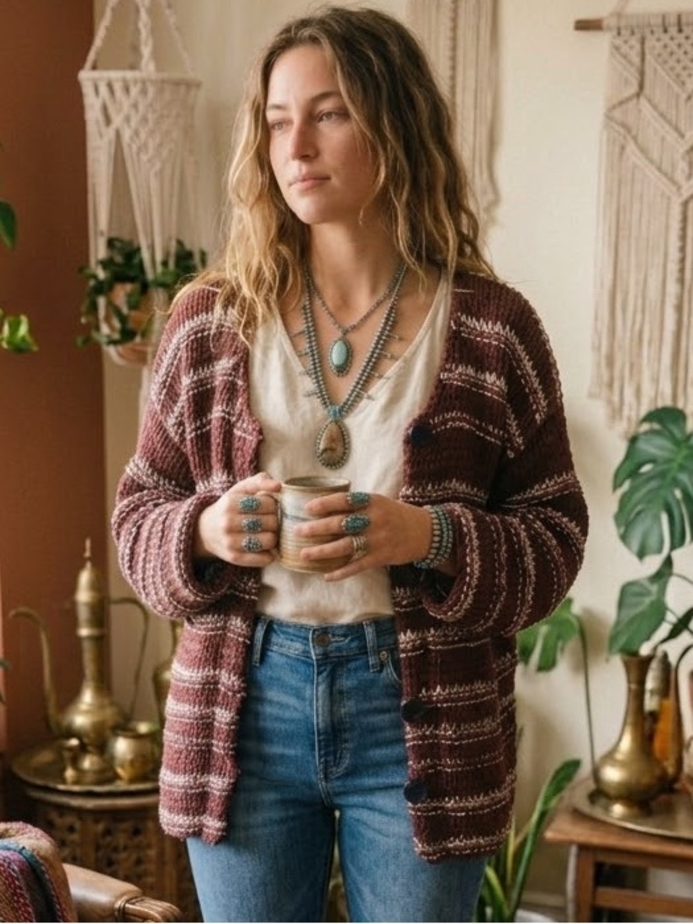 ZARA Striped Chunky Knit Cardigan Sweater - Burgundy and Cream size medium